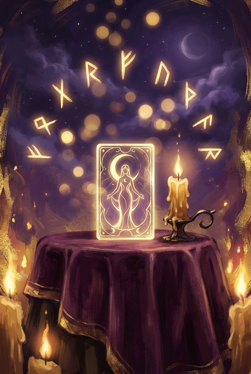 A glowing oracle card on a candlelit table